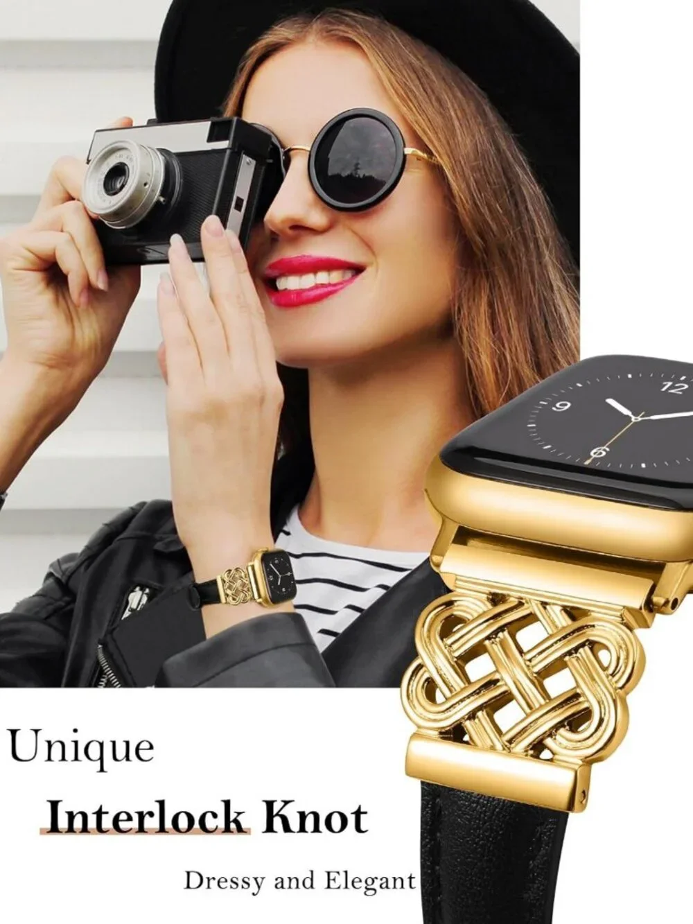 Stylish Slim Leather Apple Watch Band for Women - Celtic Knot Buckle, Black/Gold